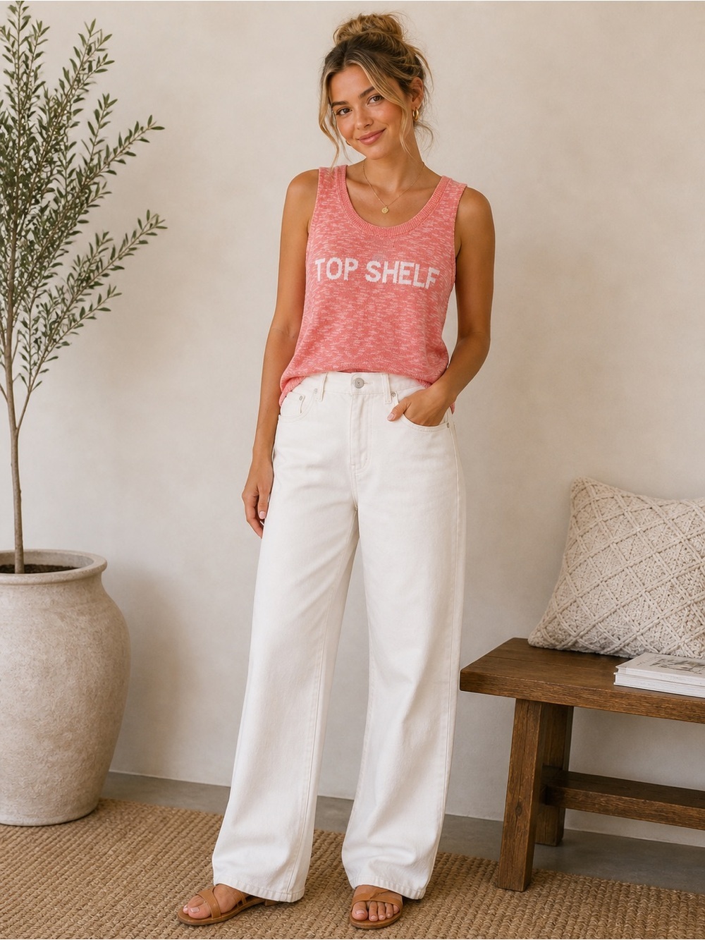 NWT Sleeveless Slub Knit Tank w/ 'TOP SHELF' Graphic - Coral 🚩 flaw